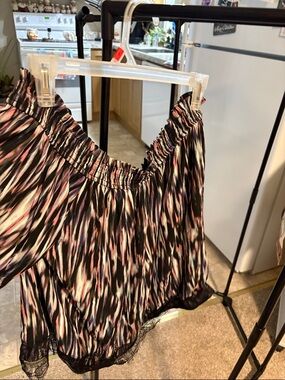 Jennifer Lopez Striped Off-Shoulder Top in Black, Pink, Purple